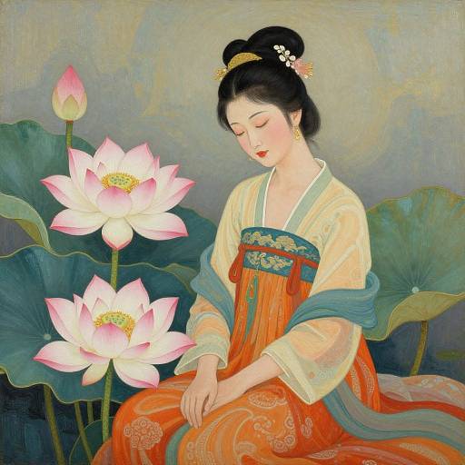 Traditional Japanese painting of a serene Asian woman with black hair, red kimono, and floral hairpins, sitting among pink lotus flowers.