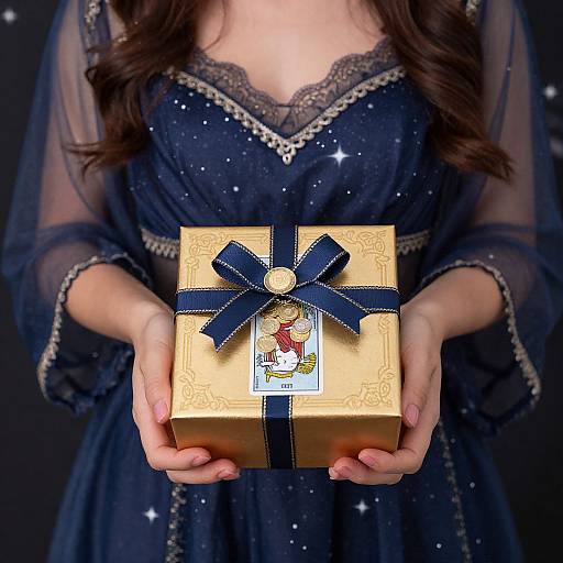 Photograph of a woman with long brown hair, wearing a sparkly navy blue dress, holding a gold gift box with a blue ribbon and Santa card