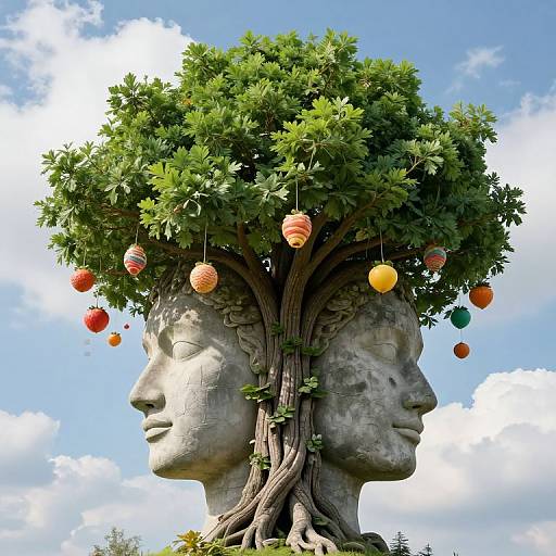 Photograph of a stone sculpture featuring a serene, stone human head with a lush green tree growing from its head, adorned with colorful hanging lanterns,