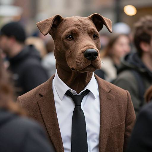 Photograph of a brown dog with a serious expression, wearing a brown tweed suit, white shirt, and black tie, standing in a blurred,