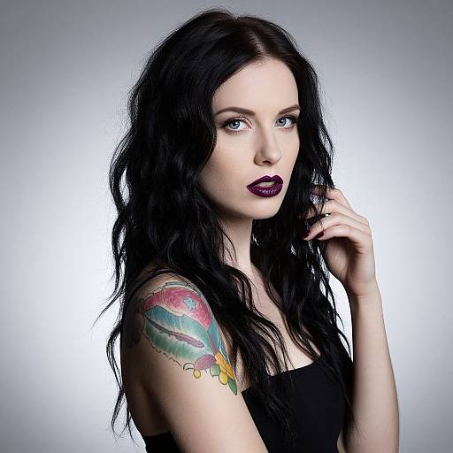 Photograph of a pale-skinned woman with long black hair, dark purple lipstick, black strapless top, and colorful tattoo on right shoulder, against