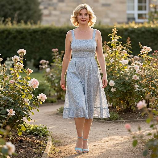 Photograph of a blonde woman in a sleeveless, light blue, floral-patterned dress standing on a garden path surrounded by blooming roses. She