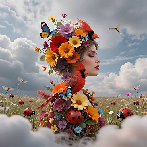 Digital art of a woman in a vibrant flower crown with red birds, butterflies, and ladybugs, in a colorful meadow.