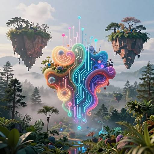 Digital art: Vibrant, neon-colored, swirling patterns float between floating islands with lush greenery in a misty, forested valley, under a