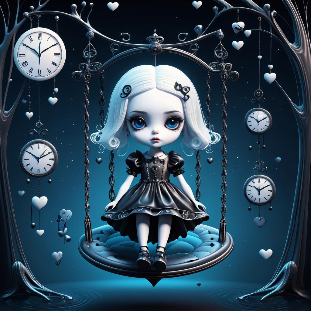 Surreal Doll on Swing with Melting Clocks