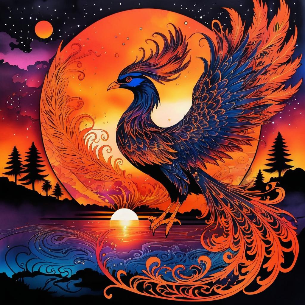 Magical Phoenix with Fiery Sunset Illustration