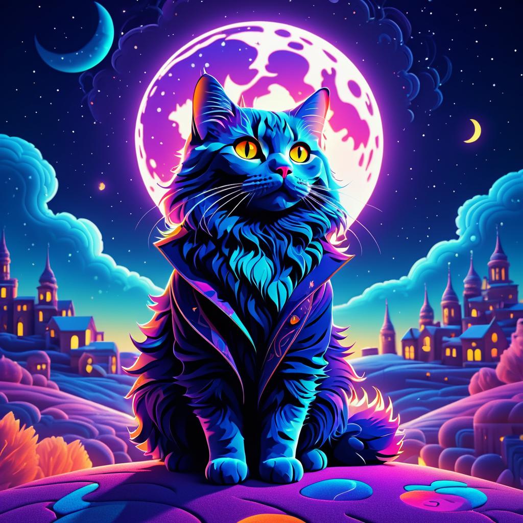 Vibrant Surreal Cat under Moonlit Skies