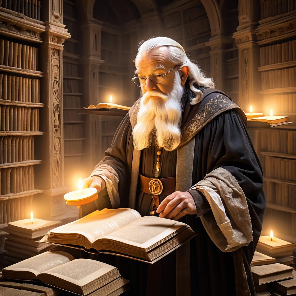 Mystical Library with a Wise Old Man