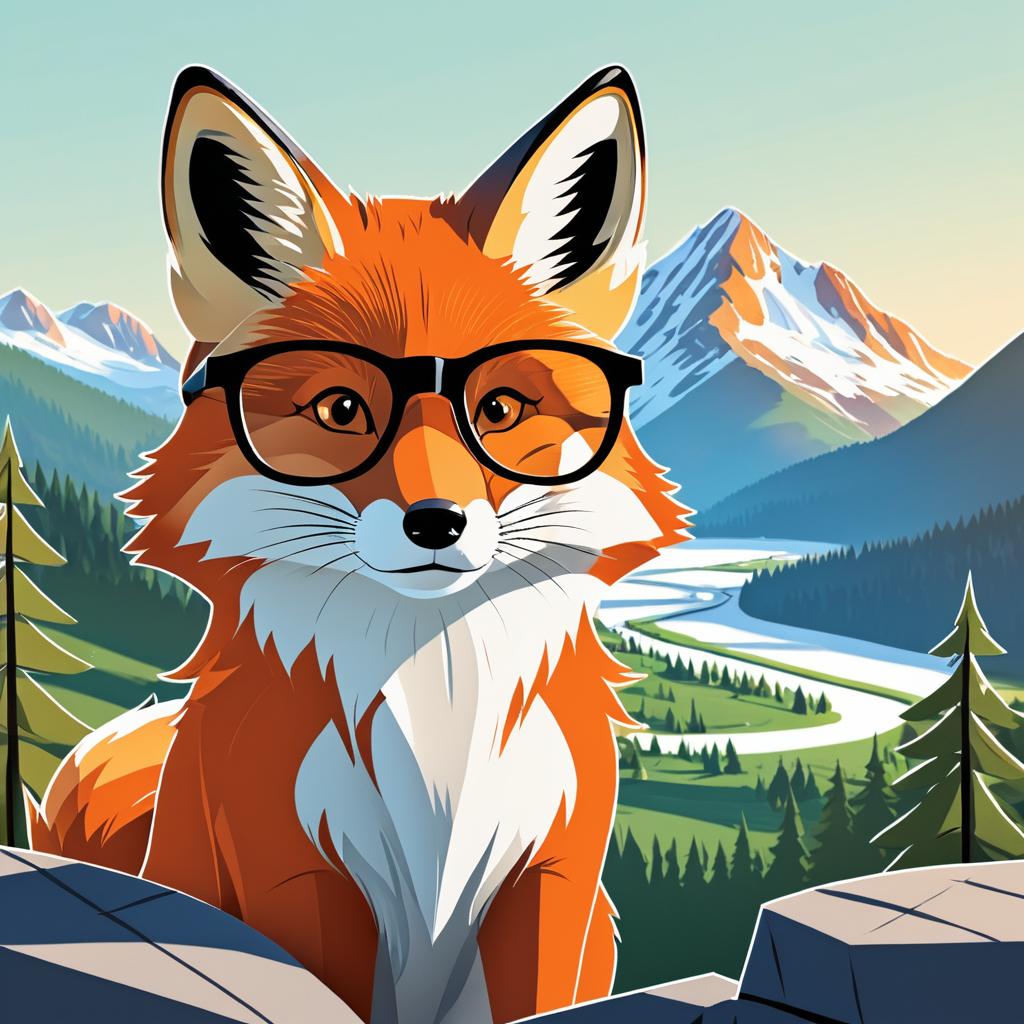 Cartoon Fox with Glasses in Mountains