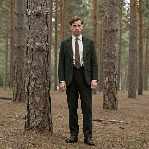 Photograph of a serious-looking man in a black suit, white shirt, and brown tie standing in a forest of tall pine trees.