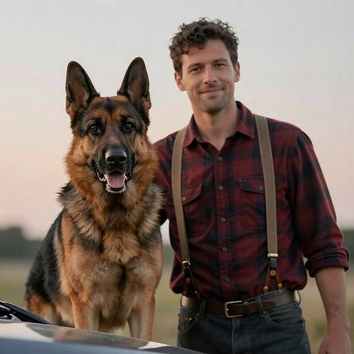Man with German Shepherd Dog Outdoors