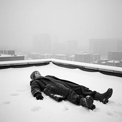 Black-clothed person in winter gear lies on snowy rooftop, wearing helmet, facing foggy city skyline; photograph, high contrast, monochromatic