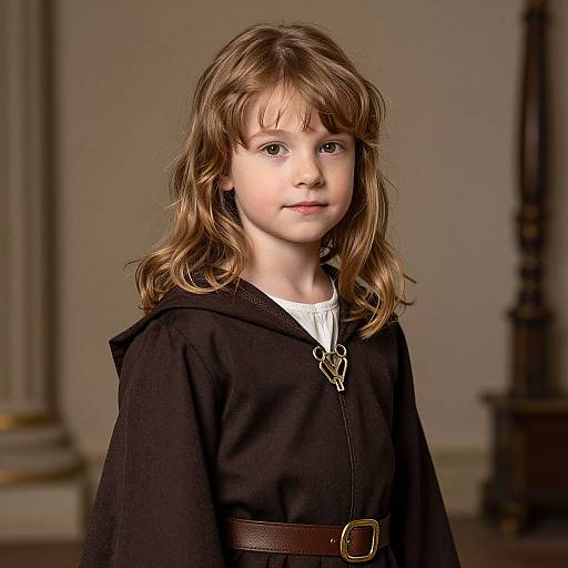 Photograph of a young Caucasian girl with light brown, wavy hair, wearing a black cloak over a white shirt, standing indoors with a neutral background
