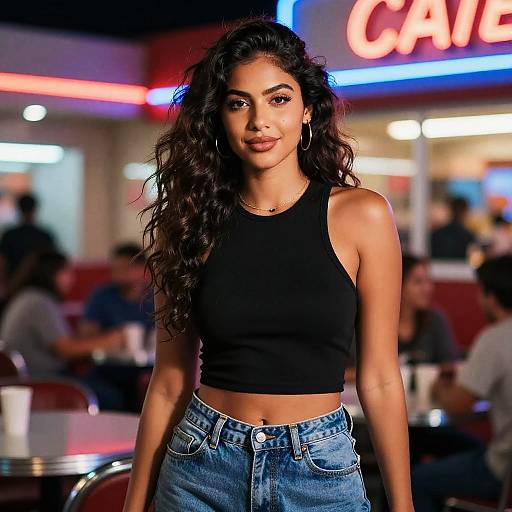 Photograph of a young woman with long, curly black hair, wearing a black crop top and blue jeans, standing confidently in a neon-lit diner