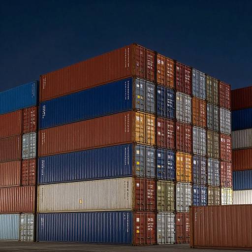 Photograph of a nighttime stack of multicolored shipping containers in red, blue, white, and yellow, with illuminated labels against a dark sky.