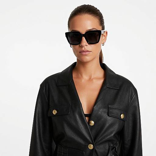 Photograph of a confident woman with slicked-back brown hair, wearing black oversized sunglasses, a black leather jacket with gold buttons, and a white background