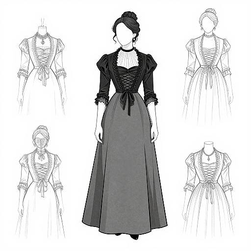 Black-and-white digital fashion sketch of a Victorian-style dress with puffed sleeves, corseted bodice, and long skirt, surrounded by four line