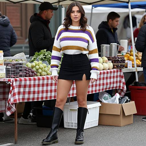 Photograph of a brunette woman in a white, purple, and gold striped sweater, black mini skirt, and black boots, standing at an outdoor market