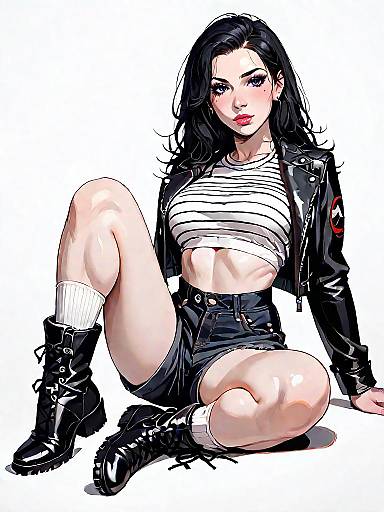 Stylish woman in black leather biker jacket and striped crop top