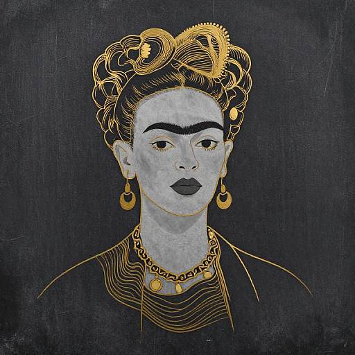 Digital artwork of a stylized, blue-skinned woman with golden hair, intricate gold jewelry, and black lips, set against a dark background.