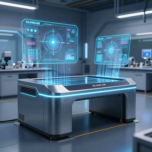 Photograph of futuristic scanner with glowing blue holographic interfaces floating above a sleek, metallic platform in a modern, industrial lab.
