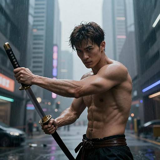 Fierce Warrior in a Futuristic Downpour