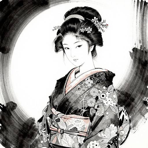 Elegant Kimono Woman in India Ink