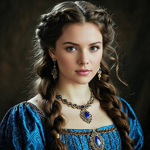 Medieval Woman with Braided Hair and Blue Dress
