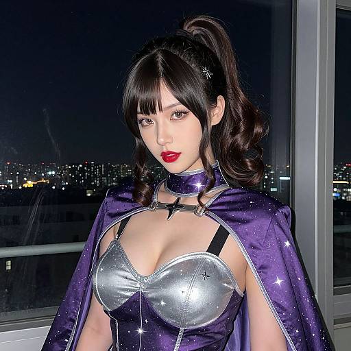 Photograph of an East Asian woman with black hair in a high ponytail, wearing a silver and purple starry cape, red lipstick, and a