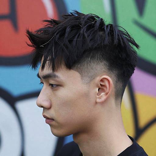 Photograph of an Asian man with spiked black hair, side profile, close-cropped sides, neutral expression, wearing black shirt, colorful graffiti background.