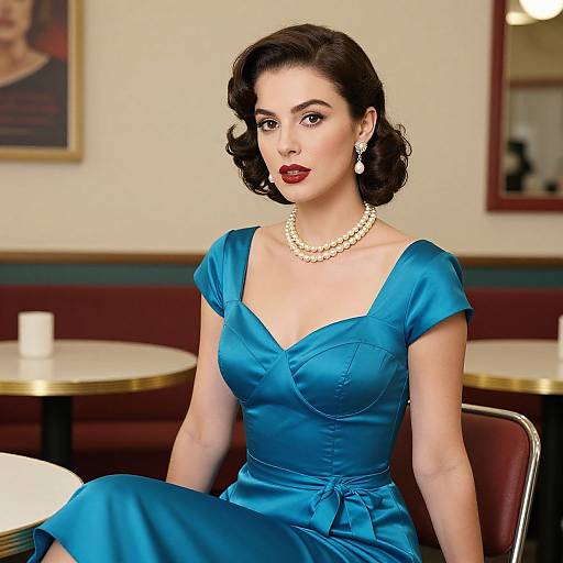 Photograph of a fair-skinned woman with dark, wavy hair, wearing a blue satin dress, pearl necklace, and earrings, sitting in a