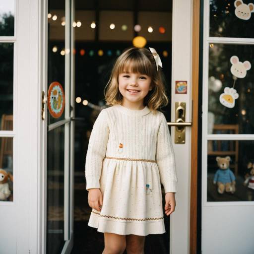 Smiling Toddler Girl in Ivory Knit Dress by Playroom Door
