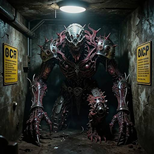 Digital artwork of a terrifying, armored creature with spiked limbs and a glowing white skull in a dim, dirty subway tunnel. Yellow signs read 