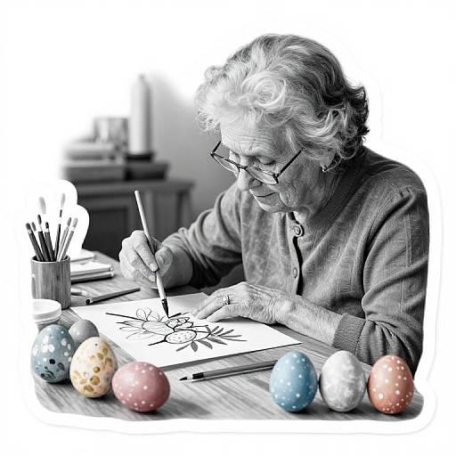 Elderly woman with white hair and glasses, wearing a gray cardigan, drawing eggs on paper, surrounded by colorful Easter eggs and paintbrushes