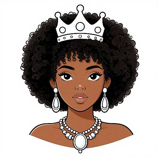 Digital illustration of a dark-skinned woman with curly black hair, wearing a white crown, white off-shoulder top, teardrop earrings,