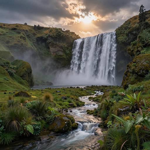 Moonlit Fantasy Landscape with Waterfalls