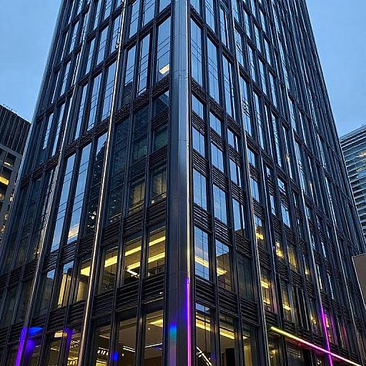 Photograph of a modern, towering glass skyscraper at dusk, featuring vertical black frames, illuminated office spaces, and vibrant neon lights.