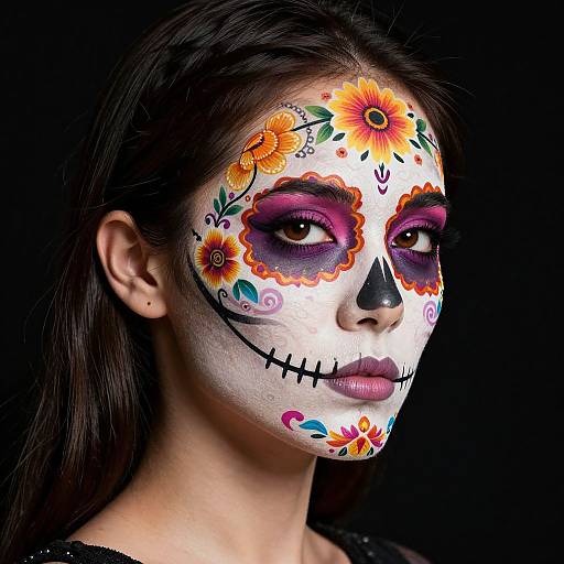 Photograph of a woman with white face paint, Day of the Dead floral and skull design, purple eyeshadow, black background.