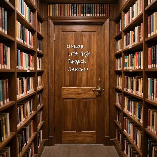 Photograph of a wooden library door with white text reading 