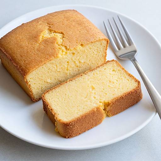 Photograph of a golden-brown, moist, rectangular cake slice with a fork on a white plate, set on a light gray surface.