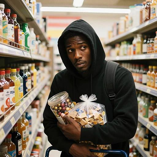 Nervous Shoplifter in Busy Supermarket