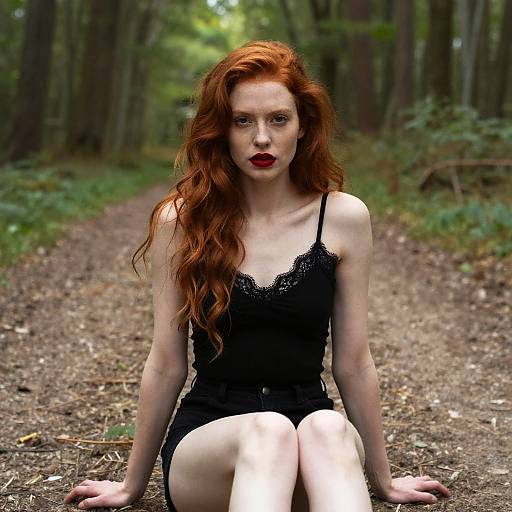Photograph of a pale-skinned, red-haired woman with dramatic makeup, wearing a black lace camisole and shorts, sitting on a forest path