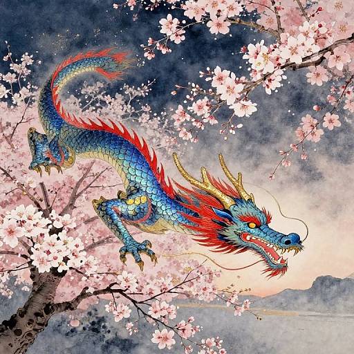 Vibrant digital painting of a blue, red-maned, dragon with yellow horns and sharp teeth, leaping through cherry blossom branches against a twilight