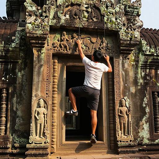 Photograph of a person in white shirt and black shorts, climbing ancient, moss-covered stone temple with detailed carvings and statues.