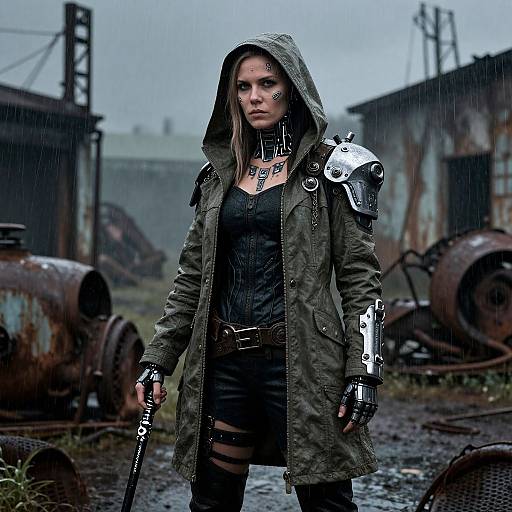 Photograph of a serious, young woman with pale skin, wearing a green hooded coat, black dress, and gloves, standing in a rainy,