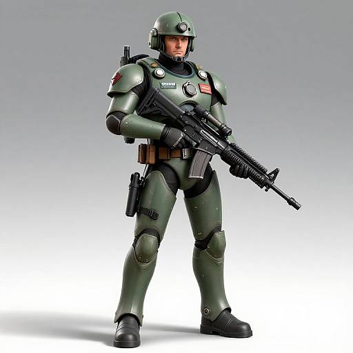 CGI image of a green-armored soldier with helmet, holding a rifle, standing against a gray gradient background. American flag patch on shoulder. Real