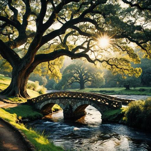 Sunlit Oak Trees and Stone Bridge over Stream Sunlit Oak Trees and Stone Bridge over Stream