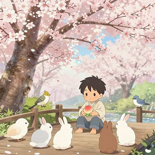 Anime-style drawing of a black-haired boy feeding white and brown rabbits and birds under cherry blossoms on a wooden deck.