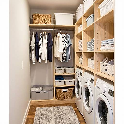 Photograph of a neat, modern laundry room with wooden shelves, hanging clothes, wicker baskets, laundry machines, and a patterned rug.