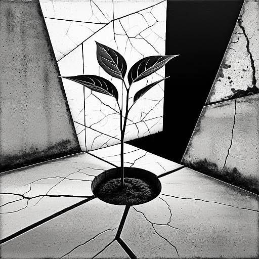 Sapling Through Concrete Black and White Linocut